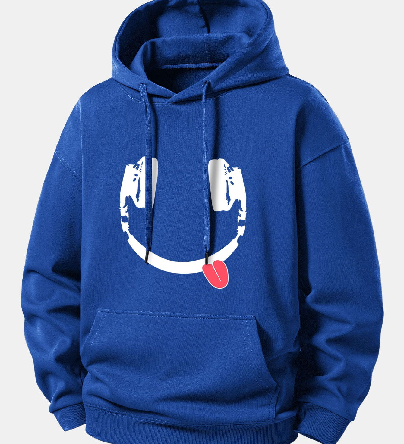 Mikina s kapucňou vo voľnom strihu a potlačou usmievajúcej sa tváre s slúchadlami