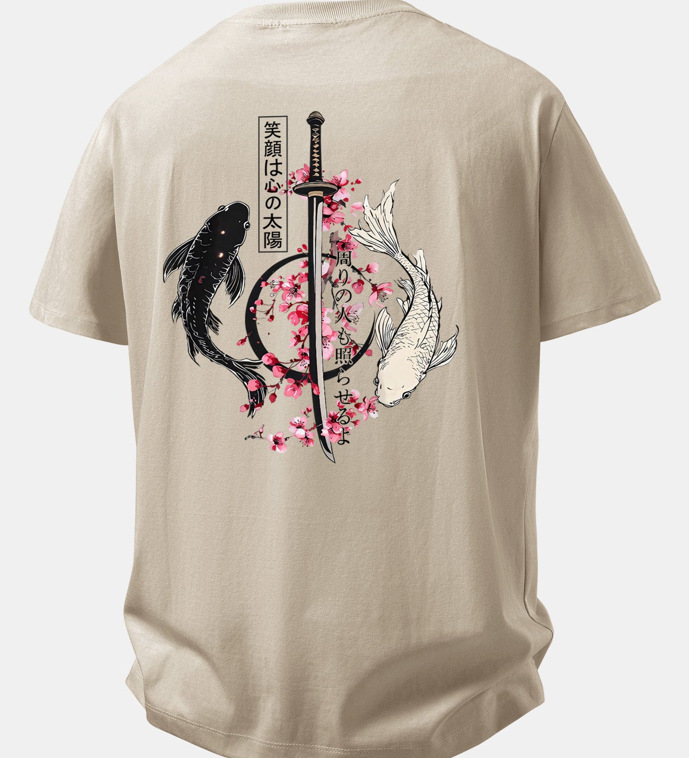 Bavlnené tričko s voľným strihom, potlačené japonským samurajom, katanou, koi rybou a sakurou