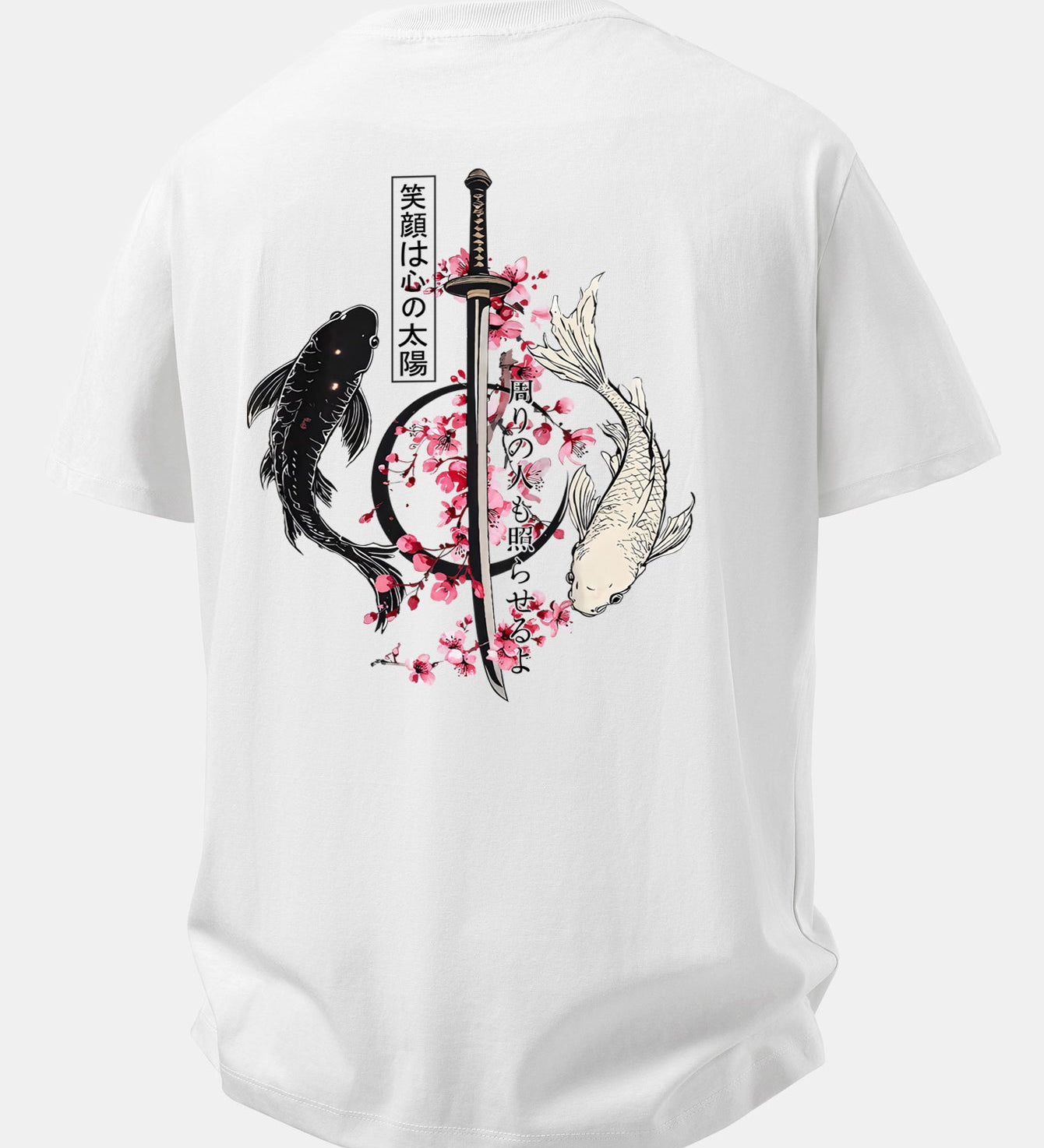 Bavlnené tričko s voľným strihom, potlačené japonským samurajom, katanou, koi rybou a sakurou