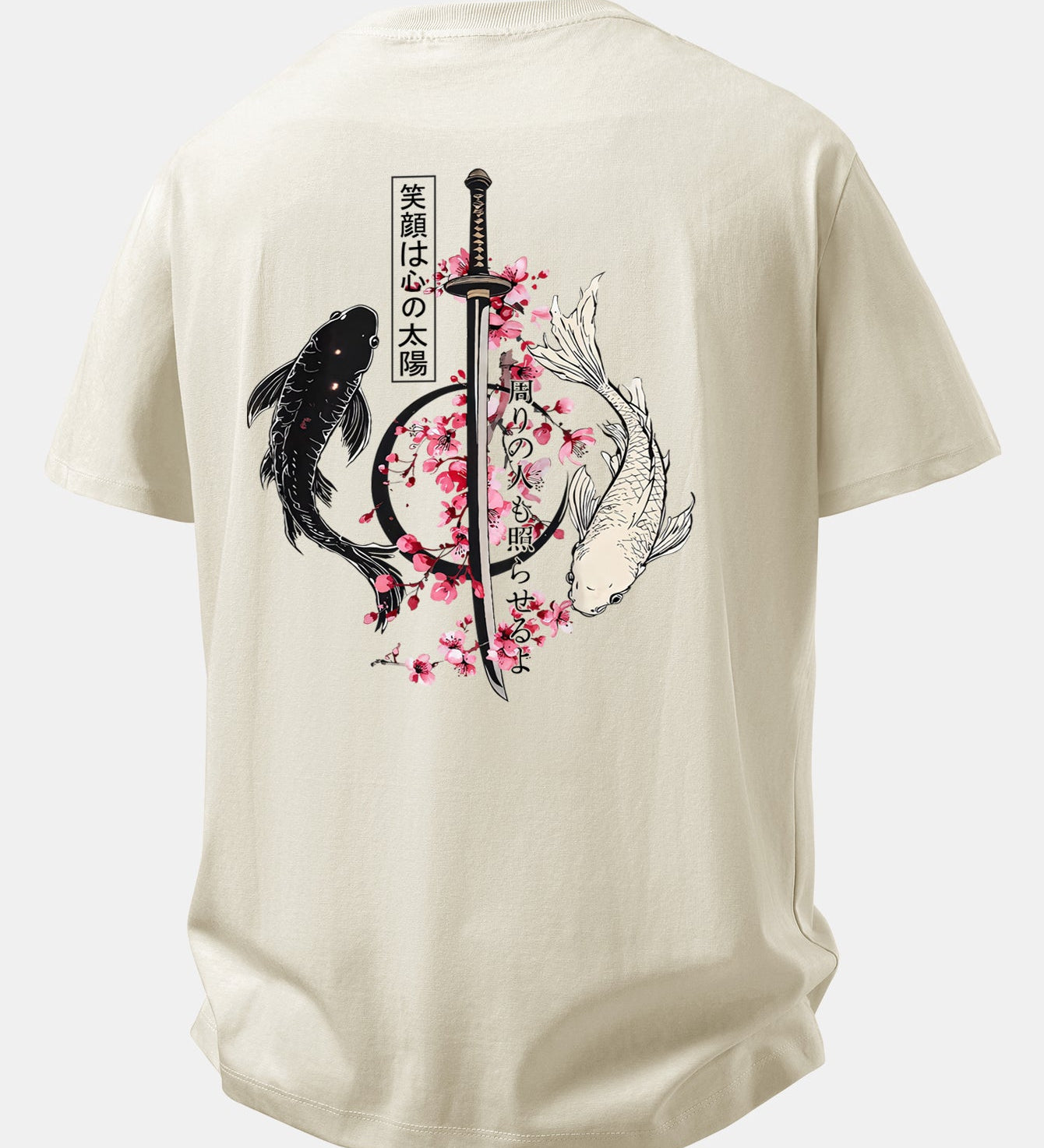 Bavlnené tričko s voľným strihom, potlačené japonským samurajom, katanou, koi rybou a sakurou