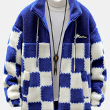 Kabát s vysokým golierom z teddy fleece v károvanom vzore