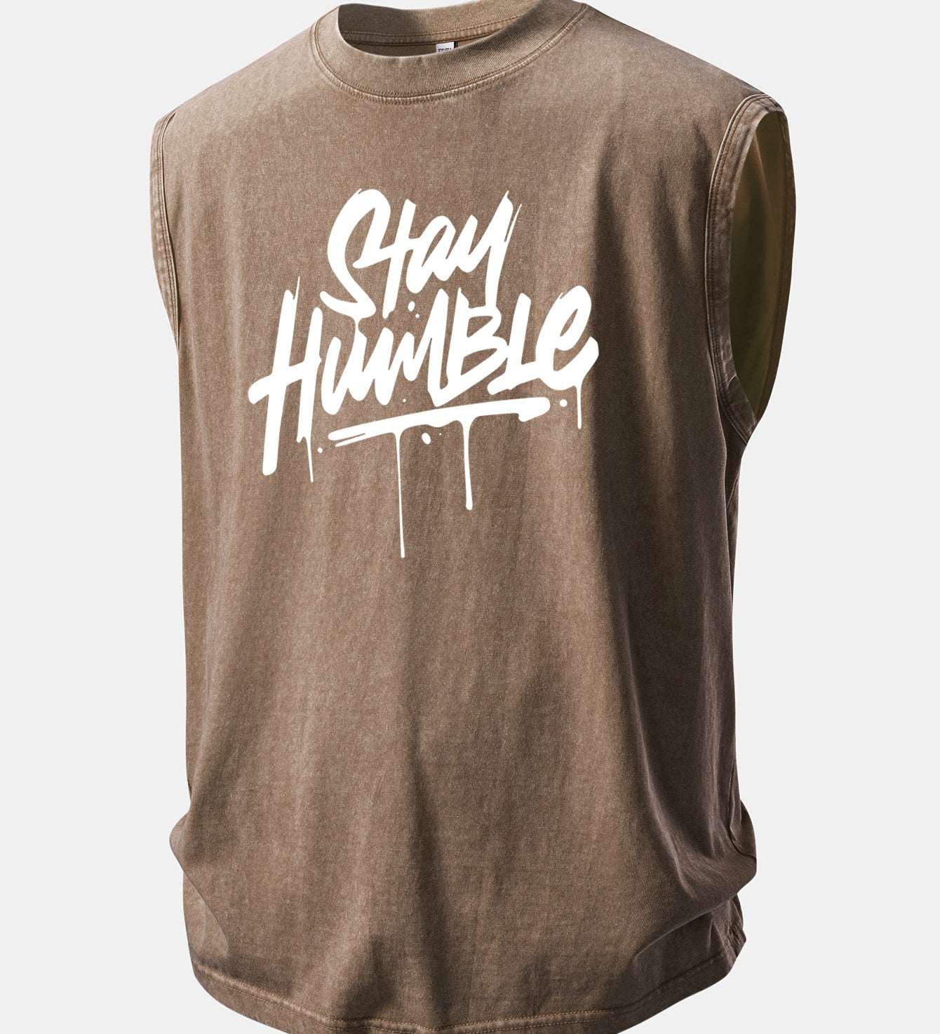 Top bez rukávov s potlačou, umytý a so starým efektom „Stay Humble“