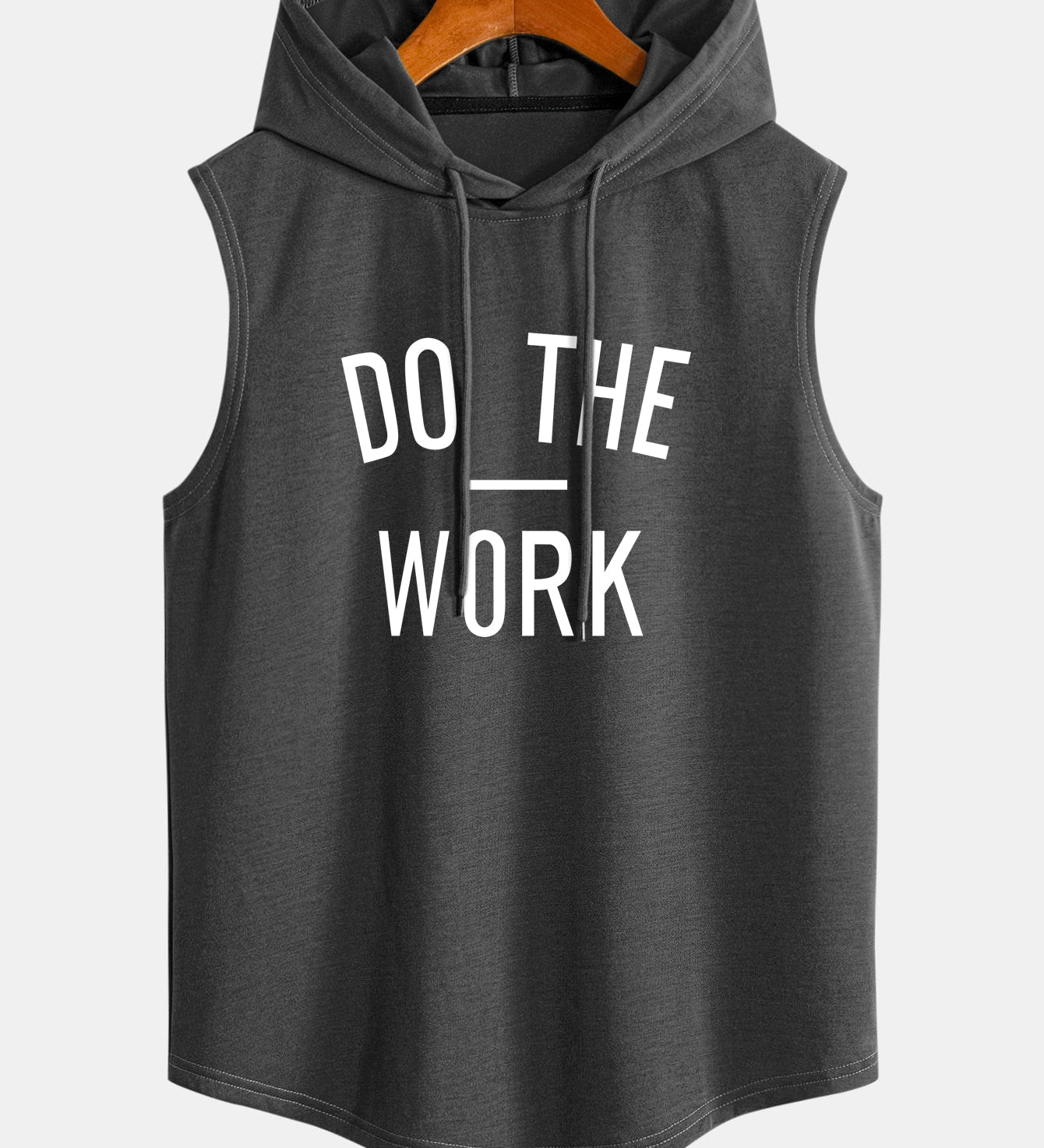 Regata s kapucňou bez rukávov, zakrivený lem, potlač "Do The Work"