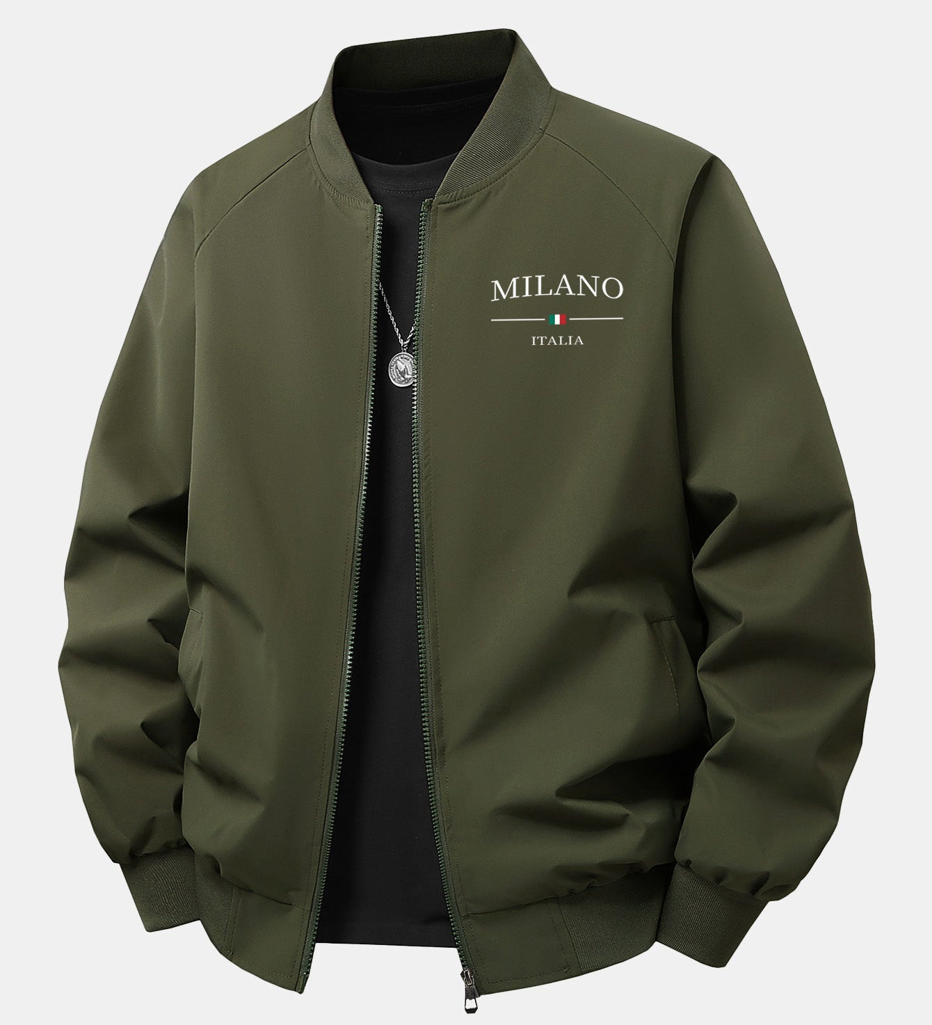 Bunda bomber vo voľnom strihu s potlačou Milano a zipsom
