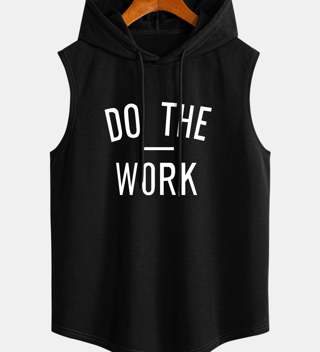 Regata s kapucňou bez rukávov, zakrivený lem, potlač "Do The Work"