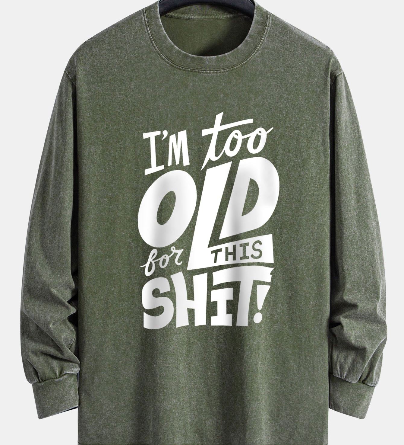 Tričko s dlhým rukávom, vo voľnom strihu, s umývaným a opotrebovaným efektom, s potlačou „I'm Too Old For This Shit“