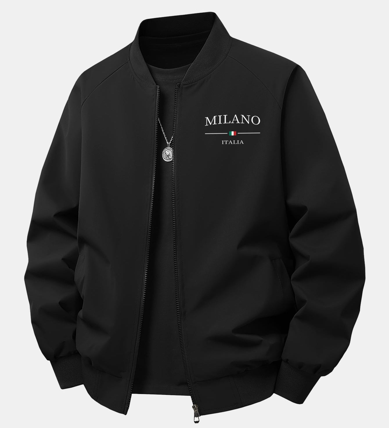 Bunda bomber vo voľnom strihu s potlačou Milano a zipsom