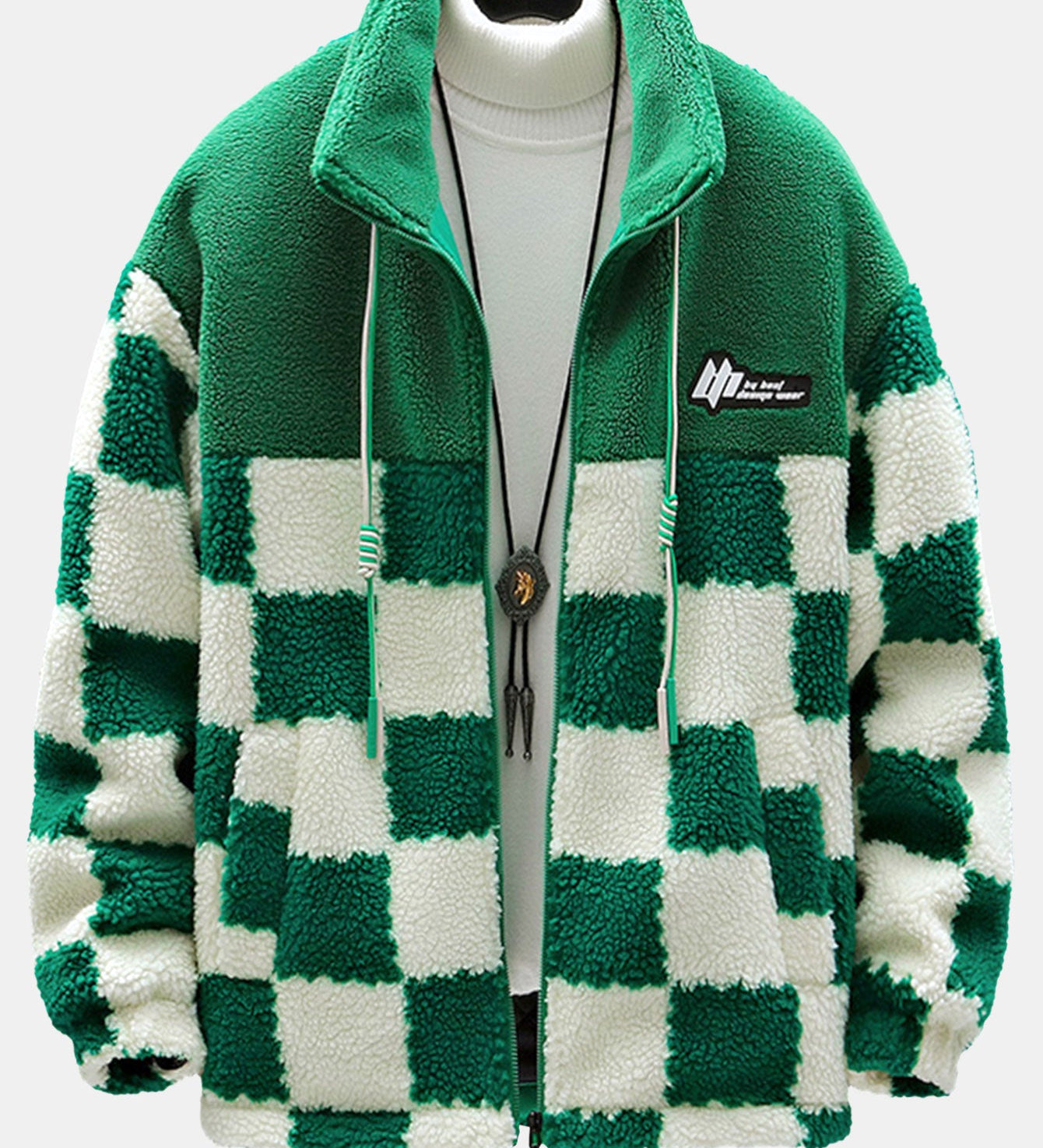 Kabát s vysokým golierom z teddy fleece v károvanom vzore