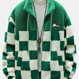 Kabát s vysokým golierom z teddy fleece v károvanom vzore