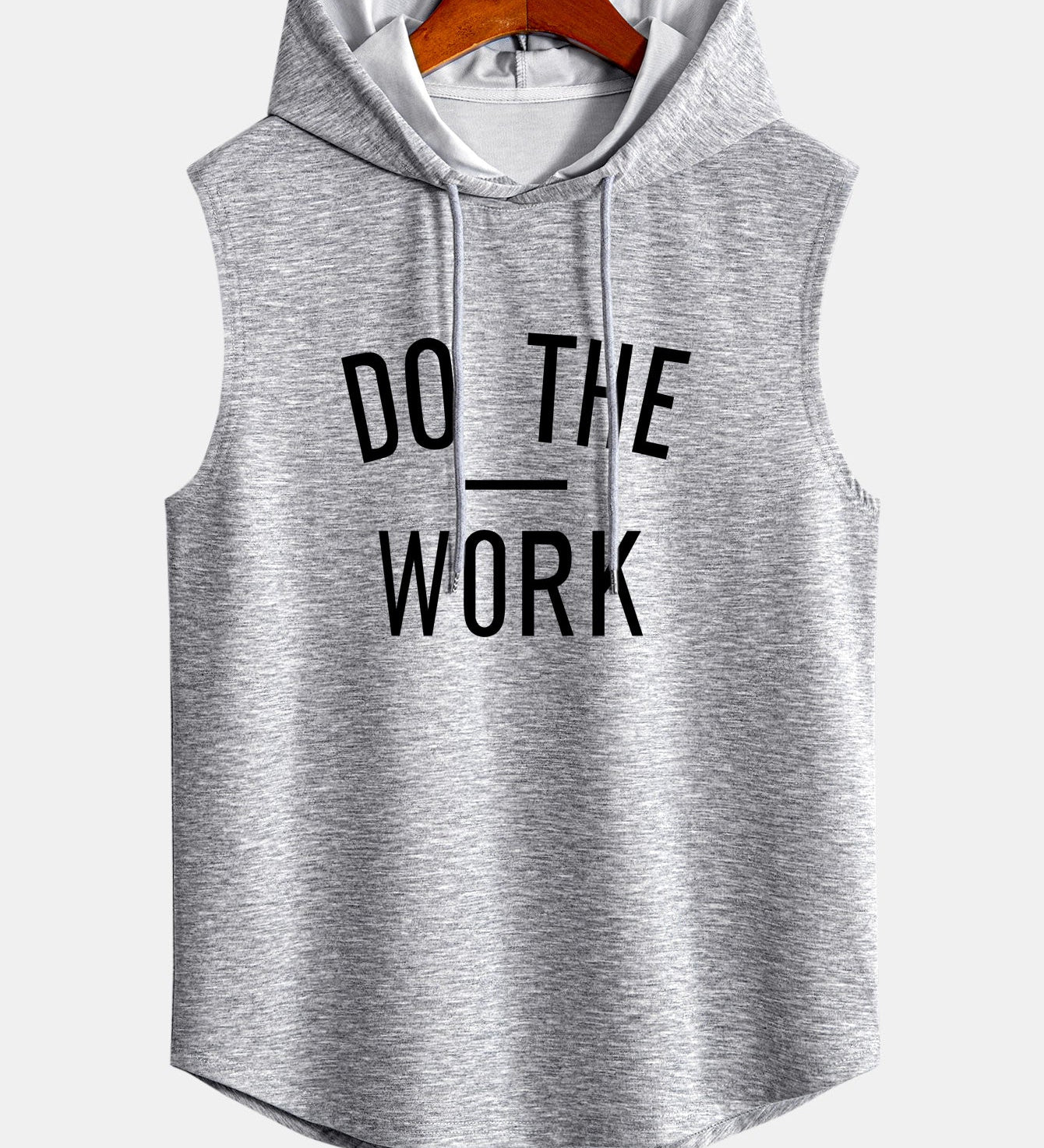 Regata s kapucňou bez rukávov, zakrivený lem, potlač "Do The Work"