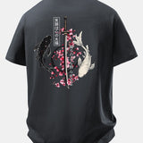 Bavlnené tričko s voľným strihom, potlačené japonským samurajom, katanou, koi rybou a sakurou