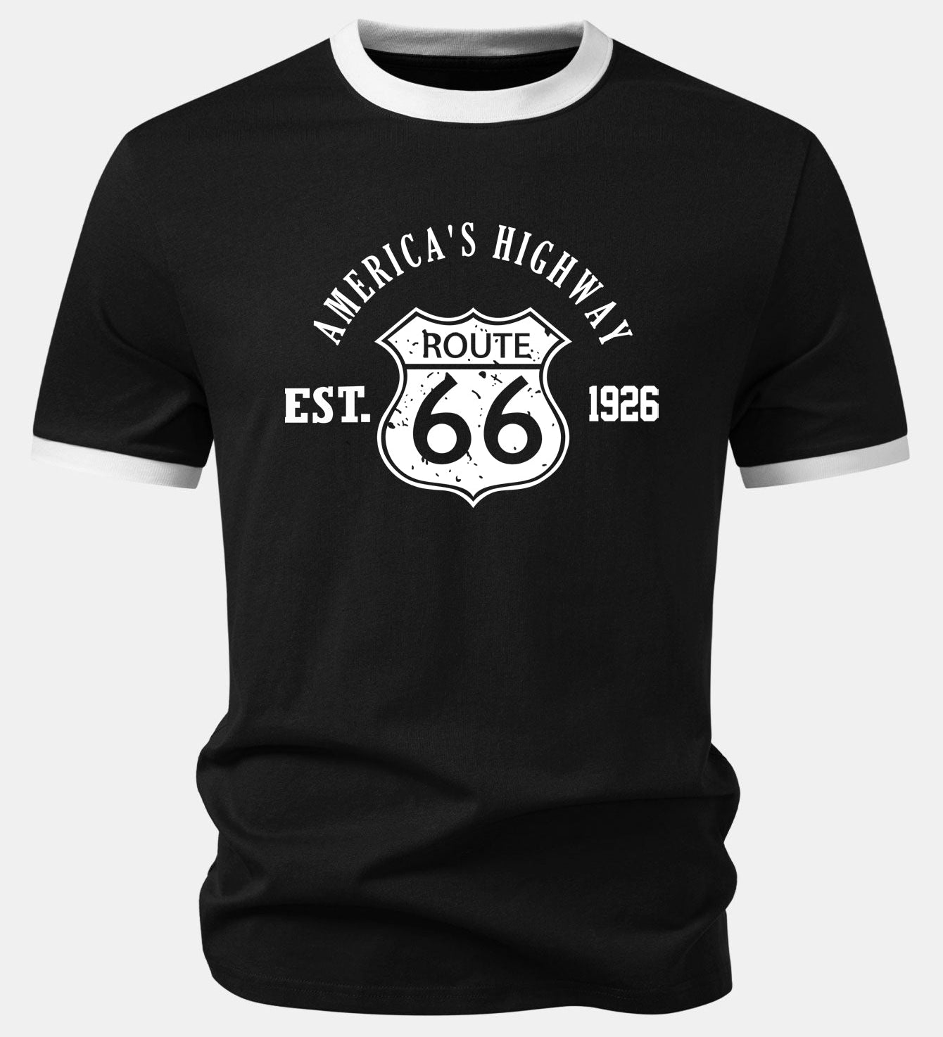 Tričko Vintage Route 66 America's Highway s kontrastom a ringer golierom