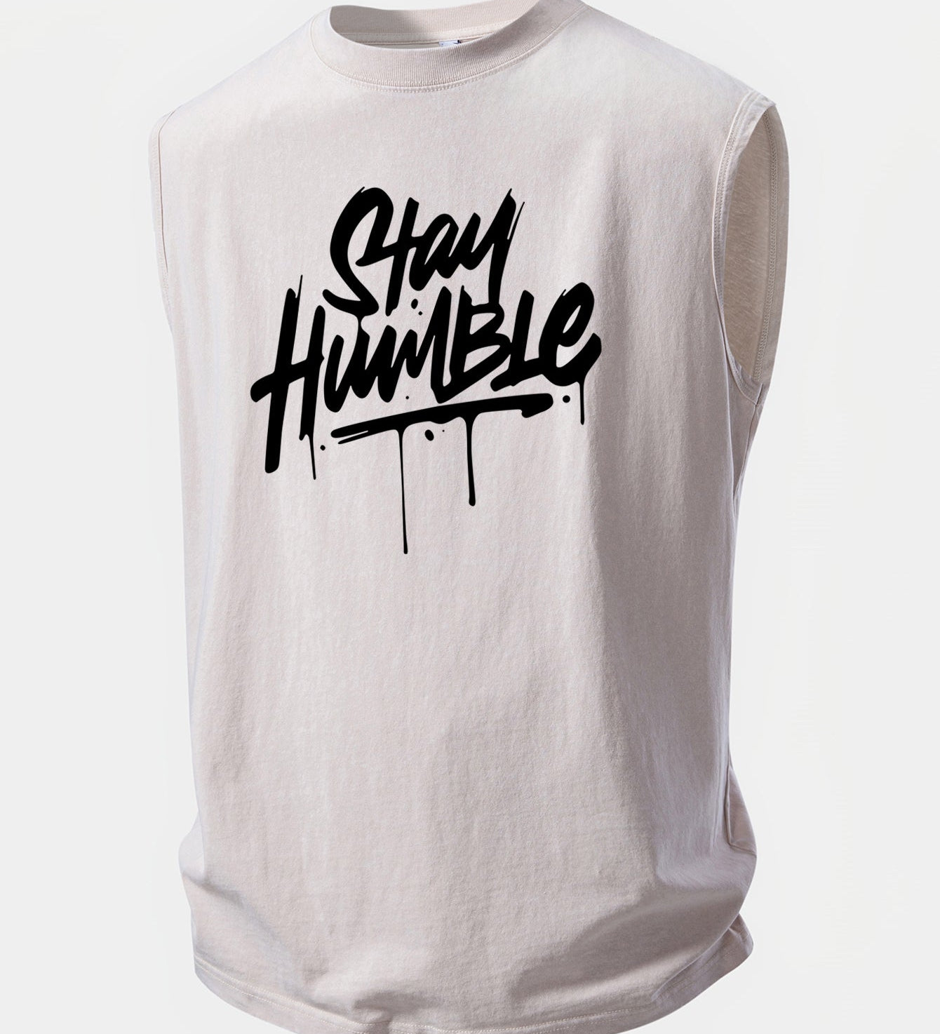 Top bez rukávov s potlačou, umytý a so starým efektom „Stay Humble“