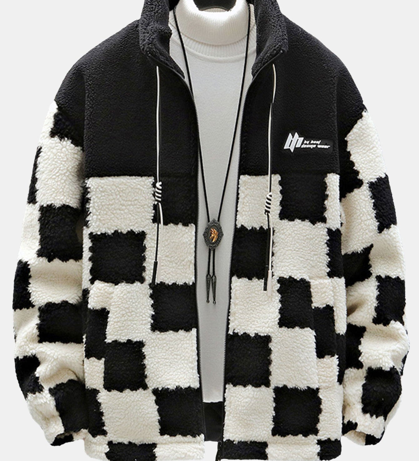 Kabát s vysokým golierom z teddy fleece v károvanom vzore