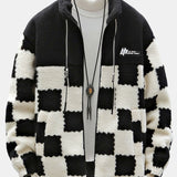 Kabát s vysokým golierom z teddy fleece v károvanom vzore