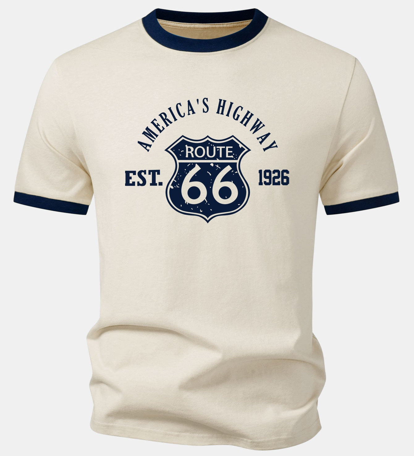 Tričko Vintage Route 66 America's Highway s kontrastom a ringer golierom