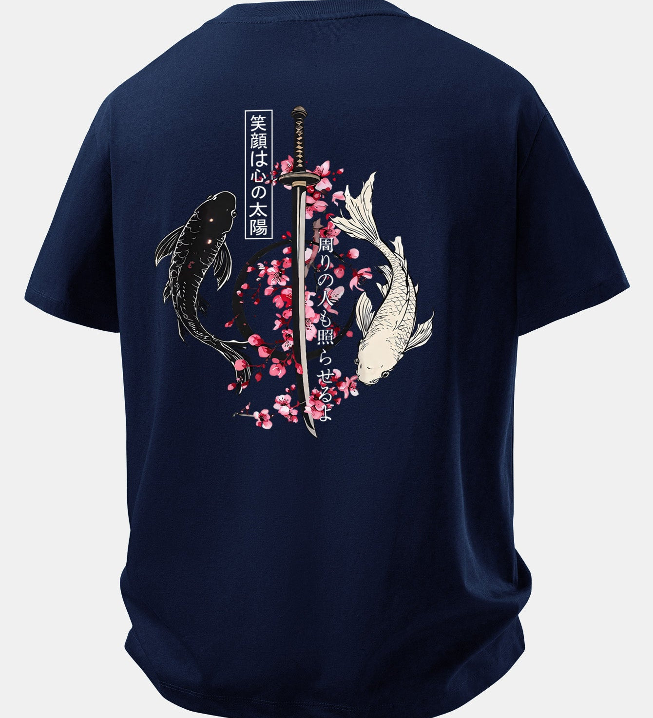 Bavlnené tričko s voľným strihom, potlačené japonským samurajom, katanou, koi rybou a sakurou
