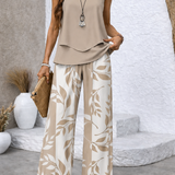 Alina – Chic letný komplet s botanickým potlačou béžový
